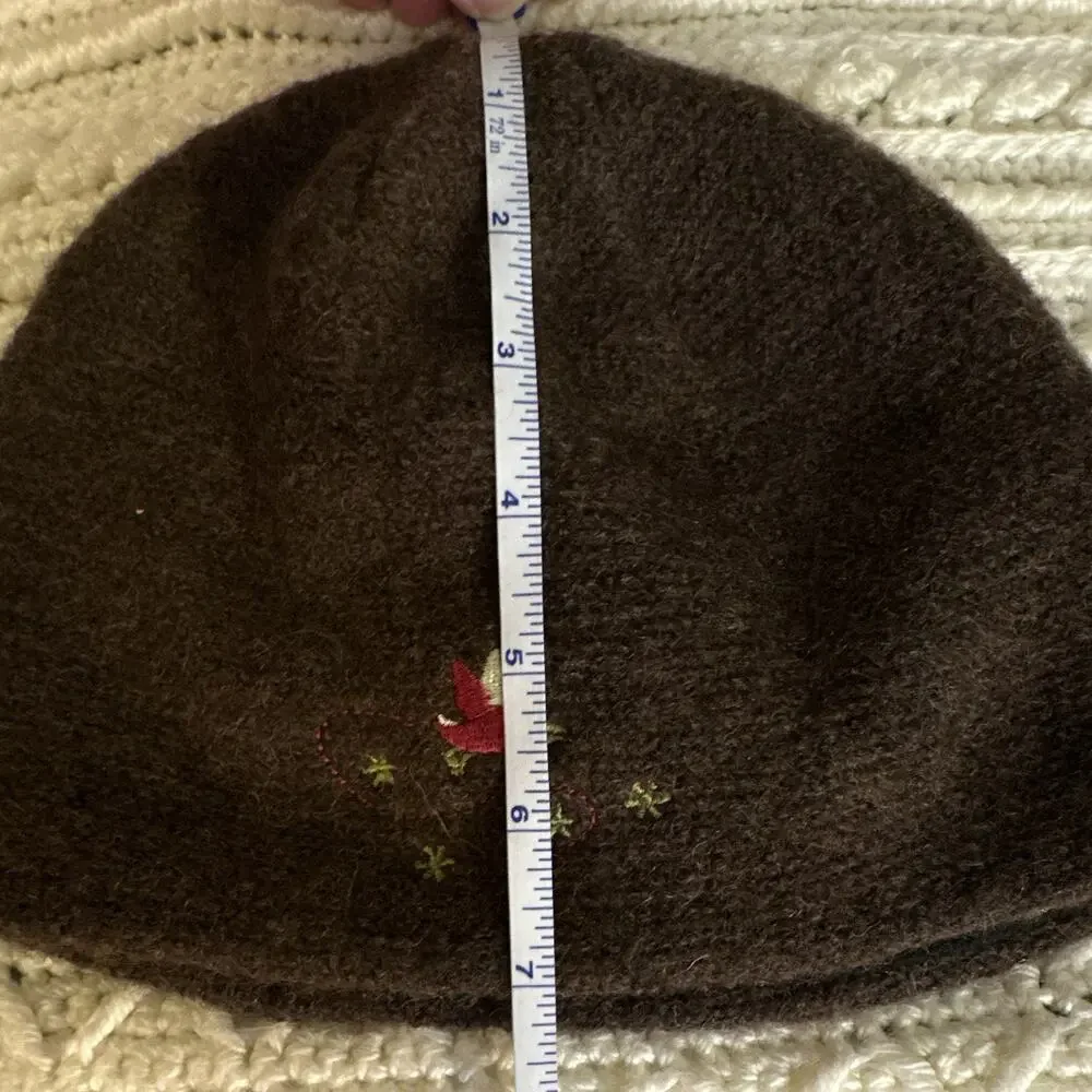 Pistil Brown Wool Beanie Hat Lined Size M Womens Embroidered Bird 100% Wool